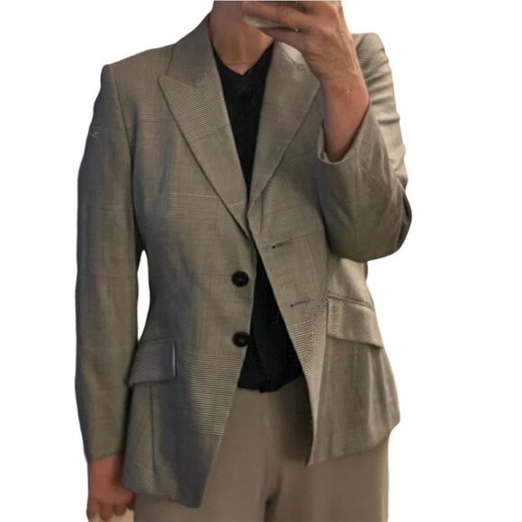 Escada plaid blazer Windowpane Black White Classic Wool Single Breast 42 L - Picture 1 of 16